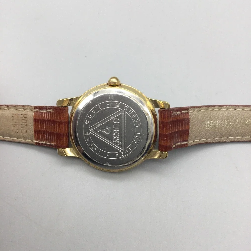Vintage 1994 Guess Womens Watch 25mm Green Dial Gold Tone Leather New Battery